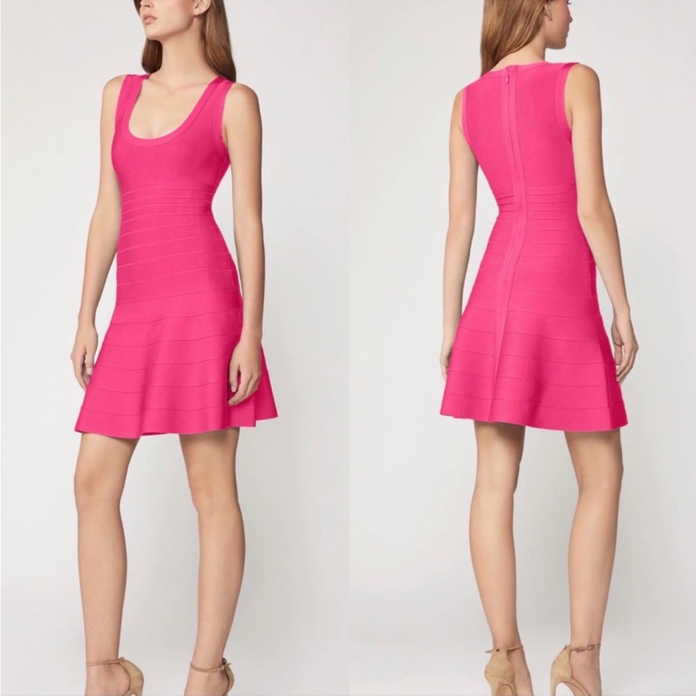 Herve Leger Paris Hot Pink Fit & Flare Bandage Dress‎ Sz. L NWT
